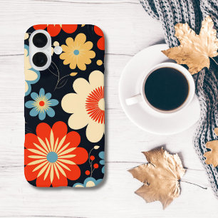 Retro-Hippie-Blumen Blau Gelb Beige Rot iPhone 16 Hülle