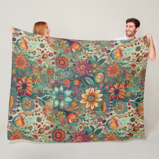Retro Hippie: Blumen-Teppichdecke Fleecedecke (Beispiel)