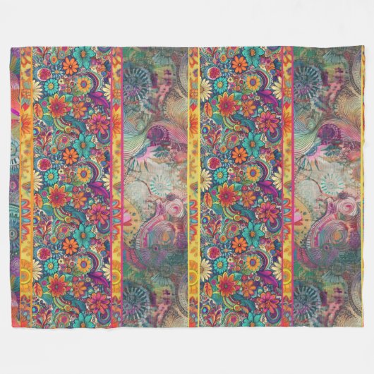 Retro Hippie: Blumenfantasie Fleecedecke (Vorderseite (Horizontal))