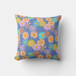 Retro-Hippie-Blumenmuster in Blau Kissen