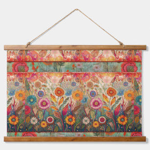 Retro Hippie: Blumenmuster, Wandhaken Wandteppich Mit Holzrahmen