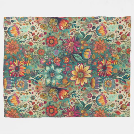 Retro Hippie: Blumentapestette Fleecedecke (Vorderseite (Horizontal))