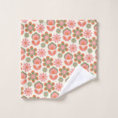 Retro Hippie Boho 70er Blume Muster Rosa Grün Badhandtuch Set (Waschlappen)