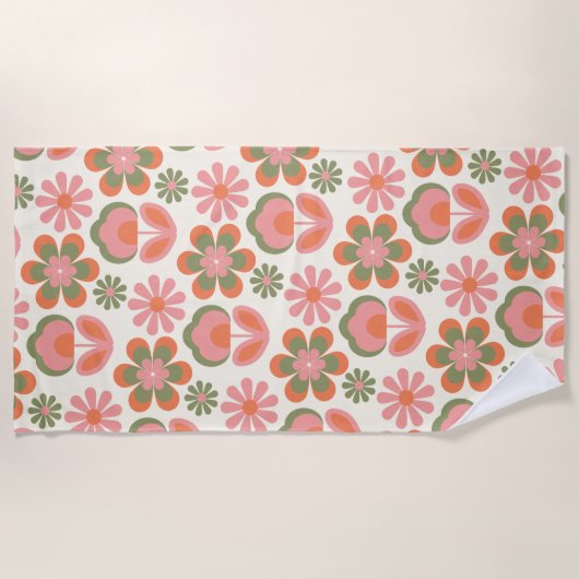 Retro Hippie Boho 70er Blume Muster Rosa Grün Strandtuch (Vorderseite)