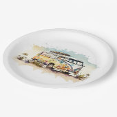 Retro-Hippie-Bus mit Blume Pappteller (Schrägansicht)