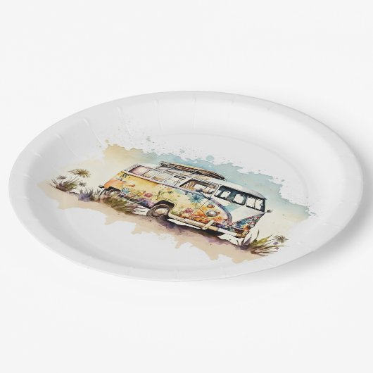 Retro-Hippie-Bus mit Blume Pappteller (Schrägansicht)