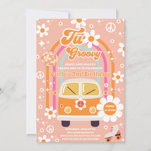 Retro Hippie Daisy Rainbow Two Groovy 2nd Birthday Einladung (Vorderseite)