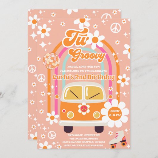 Retro Hippie Daisy Rainbow Two Groovy 2nd Birthday Einladung (Vorne/Hinten)