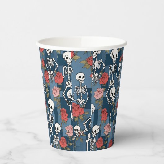 Retro Hippie Denim Patchwork Skelette & Rose Pappbecher (Links)