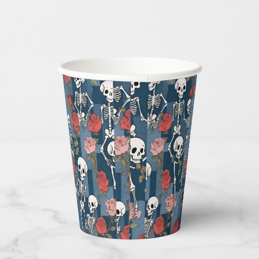 Retro Hippie Denim Patchwork Skelette & Rose Pappbecher (Rechts)