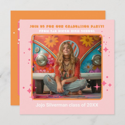 Retro Hippie Foto Graduation Party Rosa Orange Einladung (Vorne/Hinten)