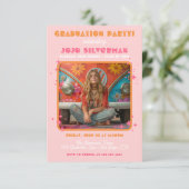Retro Hippie Foto Graduation Party Rosa Orange Einladung (Stehend Vorderseite)