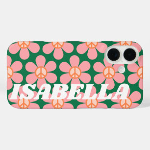 Retro Hippie Friedensblume Grüner Personalisierter iPhone 16 Hülle