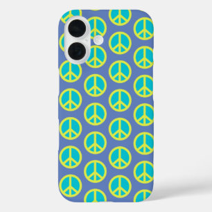 Retro-Hippie-Friedenszeichen-Muster in Blau iPhone 16 Hülle
