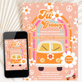 Retro Hippie Gänseblümchen Regenbogen Zwei Groovy  Einladung