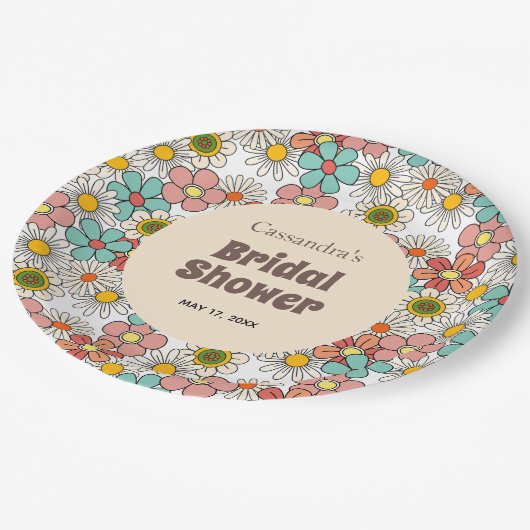 Retro Hippie Groovy Blume Brautparty Pappteller (Schrägansicht)