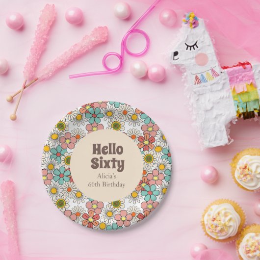 Retro Hippie Groovy Blume Hallo Sixty Paper Plate Pappteller (Party)