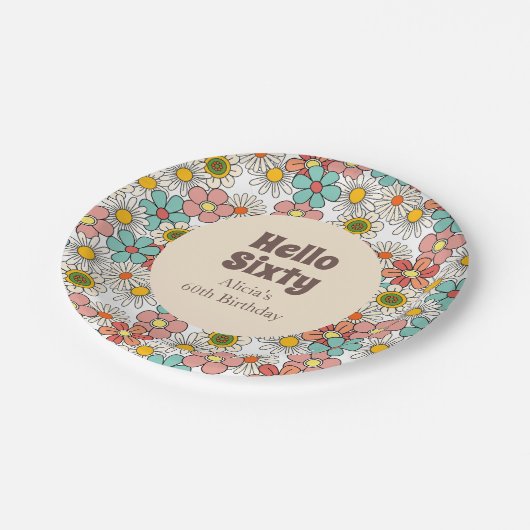 Retro Hippie Groovy Blume Hallo Sixty Paper Plate Pappteller (Schrägansicht)
