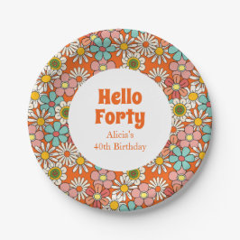 Retro Hippie Groovy Blume Hello 40 Geburtstag Pappteller