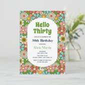 Retro Hippie Groovy Blume Hello Thirty Birthday Einladung (Stehend Vorderseite)