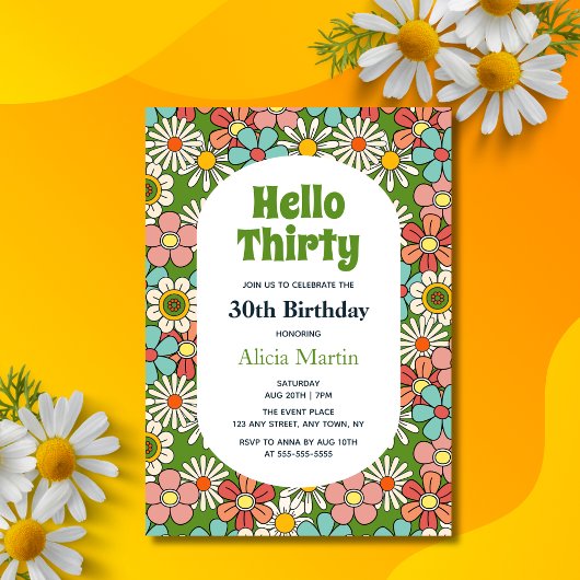 Retro Hippie Groovy Blume Hello Thirty Birthday Einladung