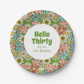 Retro Hippie Groovy Blume Hello Thirty Birthday Pappteller (Vorderseite)