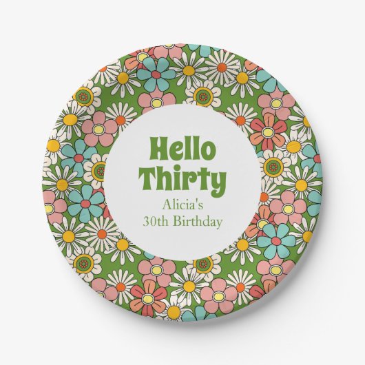 Retro Hippie Groovy Blume Hello Thirty Birthday Pappteller (Vorderseite)