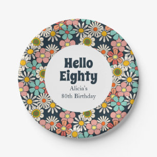 Retro Hippie Groovy Blumen Hallo Achtzigster Gebur Pappteller