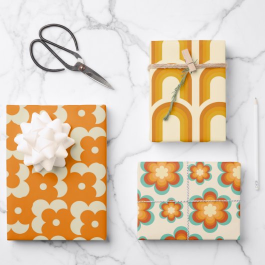 Retro Hippie Groovy Seventies Floral & Rainbow 60e Geschenkpapier Set (Vorderseite)