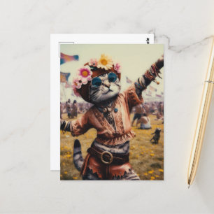 Retro Hippie Kitty Postcard Postkarte