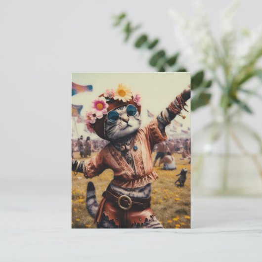 Retro Hippie Kitty Postcard Postkarte (Stehend Vorderseite)