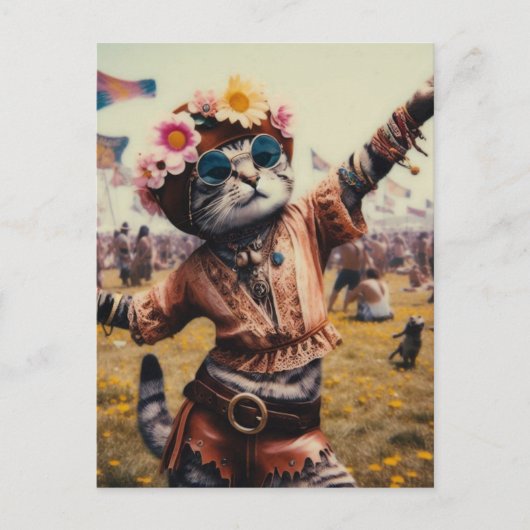 Retro Hippie Kitty Postcard Postkarte (Vorderseite)