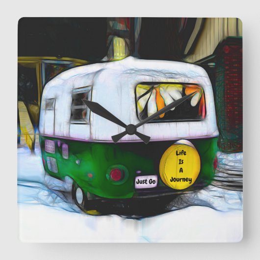 Retro Hippie Life ist eine Reise zu gehen Camper Quadratische Wanduhr (Vorderseite)
