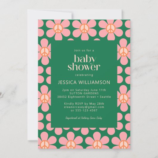 Retro Hippie Peace Blume Green Pink Baby Dusche Einladung (Vorderseite)