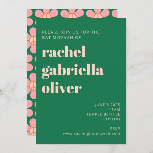 Retro Hippie Peace Blume Green Pink Bat Mitzvah Einladung (Vorne/Hinten)