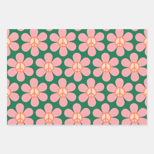 Retro Hippie Peace Sign Blume Grün und Rosa Geschenkpapier Set (Vorderseite 3)