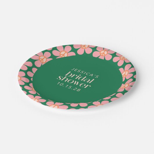 Retro Hippie Peace Signature Blume Grün rosa Dusch Pappteller (Schrägansicht)