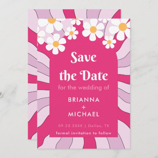 Retro Hippie Pink Arch Daisy Groovy Seventies 70er Save The Date (Vorne/Hinten)
