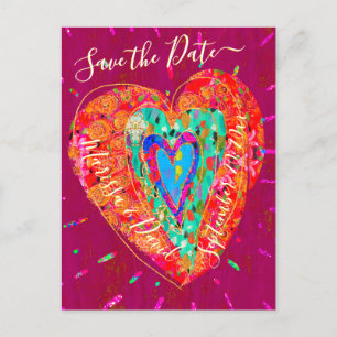 Retro Hippie Pink Türkis Herz Save the Date Ankündigungspostkarte