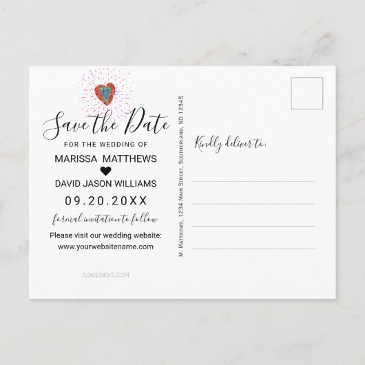 Retro Hippie Pink Türkis Herz Save the Date Ankündigungspostkarte (Rückseite)