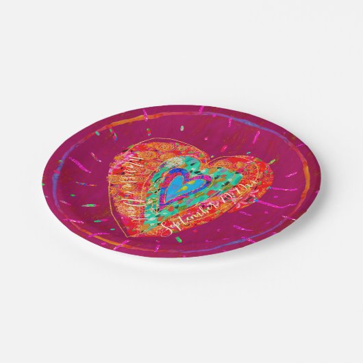 Retro Hippie Pink Türkis Herz Save the Date Pappteller (Schrägansicht)