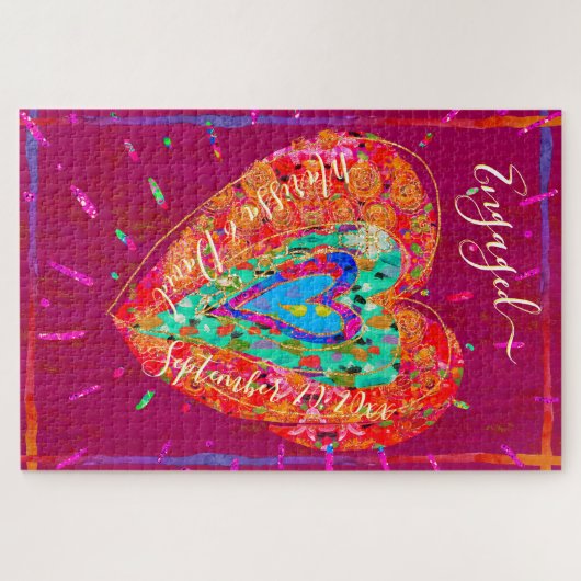 Retro Hippie Pink Türkis Herz Verlobt Puzzle (Horizontal)