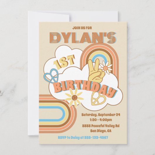 Retro Hippie Rainbow Boy Birthday Party Einladung (Vorderseite)