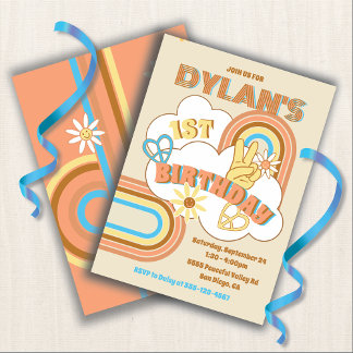 Retro Hippie Rainbow Boy Birthday Party Einladung