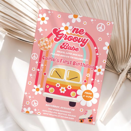 Retro Hippie Rainbow One Groovy Babe 1st Birthday Einladung
