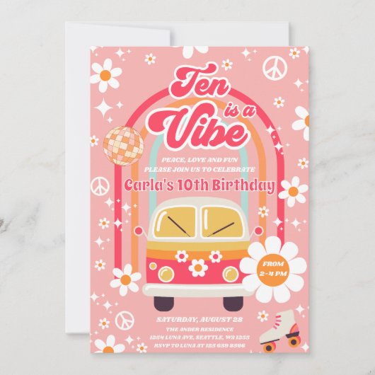 Retro Hippie Rainbow Ten Is A Vibe 10th Birthday Einladung (Vorderseite)