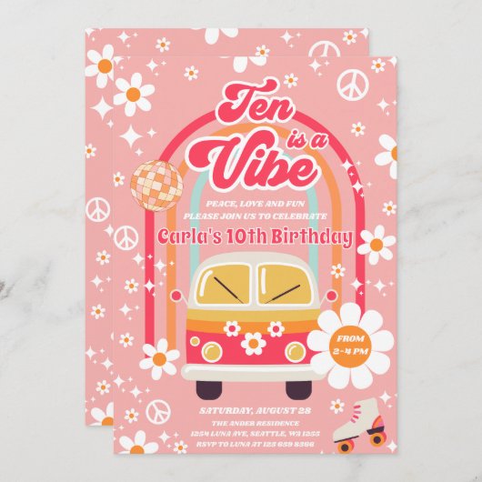 Retro Hippie Rainbow Ten Is A Vibe 10th Birthday Einladung (Vorne/Hinten)