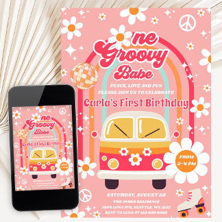Retro Hippie Regenbogen Eine Groovy Babe 1. Geburt Einladung