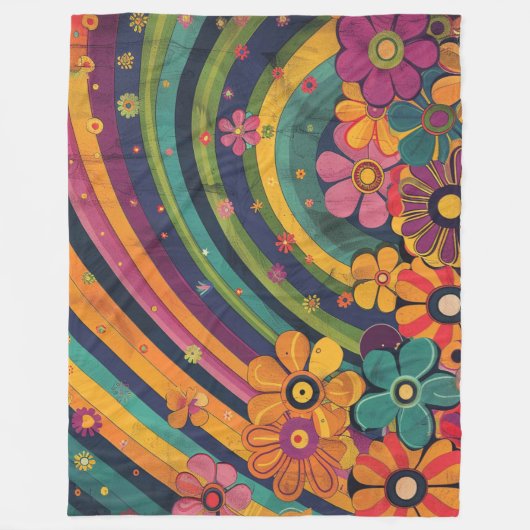 Retro Hippie: Regenbogen und Blume Fleecedecke (Vorderseite)