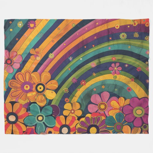 Retro Hippie: Regenbogen und Blume Fleecedecke (Vorderseite (Horizontal))
